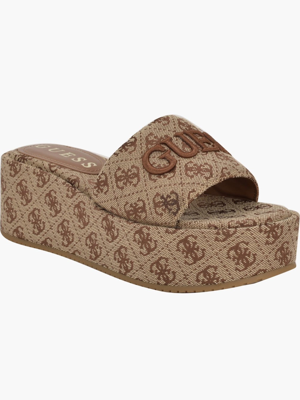 Guess Tan and Brown Logo Platform Slide Sandal